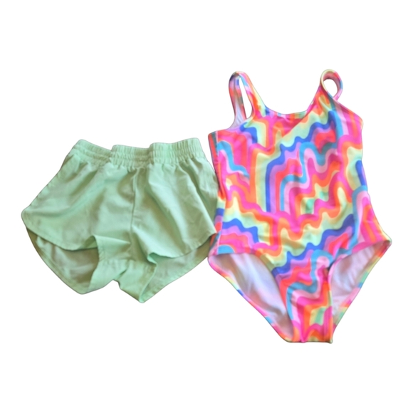 Girl's Cat & Jack Multicolor One Piece Swimsuit And Short Set Size Medium 8 - Picture 1 of 5